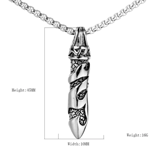 Polished stainless steel dagger pendant necklace with intricate engraved details for men