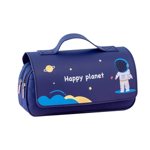 Blue astronaut pencil case with double zippers and handle featuring Happy Planet theme