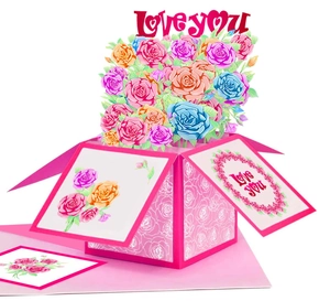 3D pop-up pink box card with colorful paper roses and red Love You cutout text