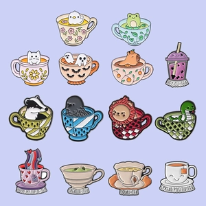 Cute enamel tea cup pin set featuring animals like frogs and cats for backpacks