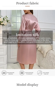 Detailed back view of pink faux silk long sleeve bathrobe with elegant waist tie strap