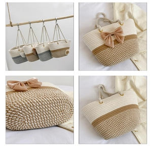 Detailed views of woven straw tote bag featuring flower accents and bow decorations