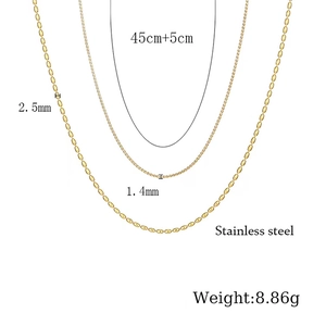 Detailed spec sheet showing 1.4mm and 2.5mm double layered gold stainless steel chains