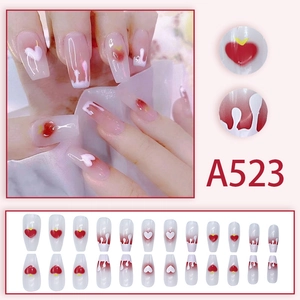 Sweet heart and white fluid 3D press-on nails with pink French gradient long coffin tips