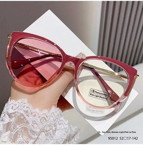Detailed view of pink gradient cat-eye glasses frame with blue light blocking lenses