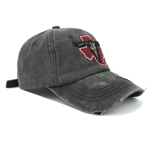 Classic American vintage washed baseball cap with Texas bull embroidery and distressed brim