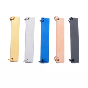 Polished rectangular stainless steel double-hole tags in gold, silver, black, and blue colors