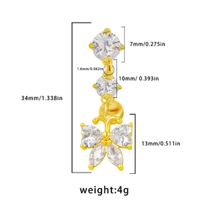 Piercing de nombril papillon doré serti de zircons avec dimensions détaillées