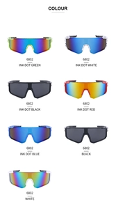Vertical display of 6802 sports cycling sunglasses in multiple splatter ink color options