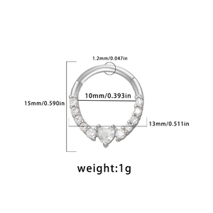 Detailed size chart of a silver heart-shaped earring with dimensions and zircon inlay