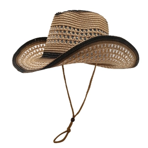 Classic straw cowboy hat with hollow breathable weave and adjustable chin strap