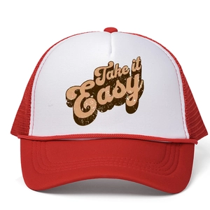 Red and white trucker hat with Take it Easy print and adjustable mesh back in front view