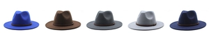 Classic British fedora hats shown in five colors with vintage leather belt buckle detail