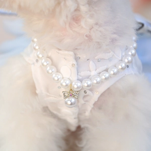 Macro shot of pet pearl necklace with gold bow pendant and pink crystal on white lace outfit