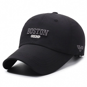 Classic black baseball cap with grey Boston embroidery and breathable sun protection fabric