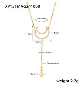 Detail of titanium steel Y-necklace with zircon moon and star pendant measurements