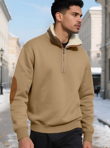 Men's khaki half-zip sweatshirt with white fleece lining and brown elbow patches detail