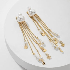 Vintage Gold Tassel Dangle Earrings With 925 Sterling Silver Earring Post White Imitation Pearl Clover Star Charms For Women Fashion Jewelry