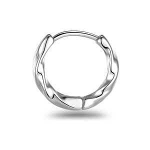 Detailed view of silver twisted stainless steel hoop earring with high-shine metallic texture
