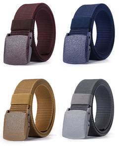 Detail view of woven nylon tactical belts in dark brown, navy, khaki, and grey colors