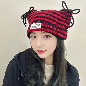 Women Striped Knitted Beanie Hat With Cat Ears And Bow Ties Handmade Soft Warm Winter Acrylic Headwear