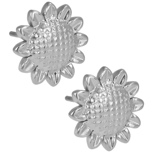 Macro detail of silver sunflower stud earrings in stainless steel with textured petals