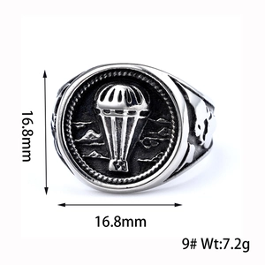 Detail of retro stainless steel ring featuring parachute relief and skull decor with sizing