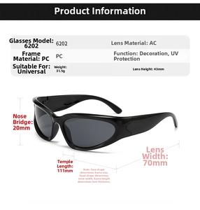 Detailed size chart and specifications for Y2K futuristic wrap sports sunglasses
