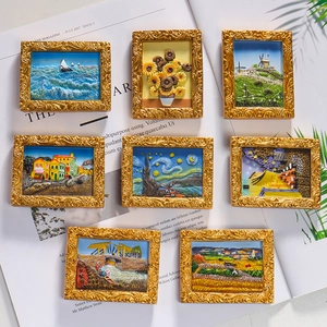 3D resin Van Gogh fridge magnets set featuring Starry Night and Sunflowers in gold frames