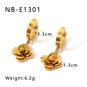 Detailed view of titanium camellia earrings in rose gold with dimensions and weight specs