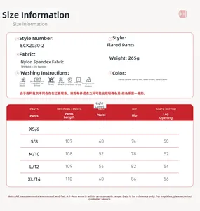 Size chart for high-waisted flare yoga pants showing detailed measurements from XS to XL