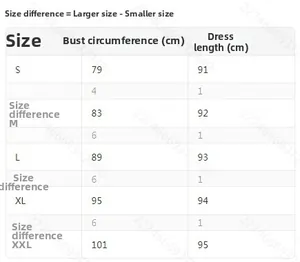Detailed size chart for solid color fashion dress showing bust and length measurements