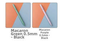 Detailed close-up of 0.5mm black ink retractable gel pens in macaron green and purple