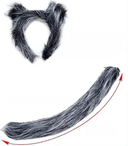 Detail of gray faux fur wolf ear headband and matching tail for animal cosplay