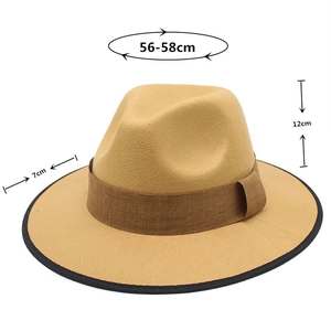 Classic camel wool fedora details showing 56-58cm circumference and 7cm wide brim