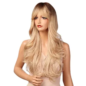 Long ombre blonde synthetic wig with bangs and natural wavy curls for women