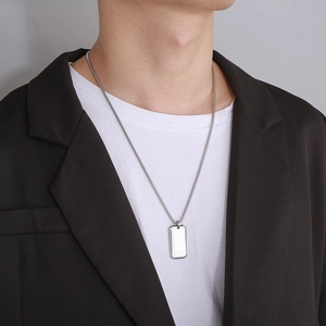 Polished silver stainless steel dog tag necklace for men with a sleek rectangle pendant