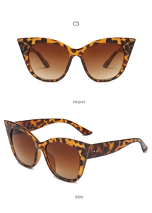 Detailed front and side views of vintage cat eye sunglasses in leopard tortoiseshell frame