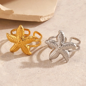 Minimalist stainless steel starfish open rings in gold and silver on stone