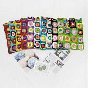 Handmade Crochet Granny Square Tote Bag For Women Bohemian Multicolor Patchwork Floral Knit Handbag Retro Hollow Shoulder Bag Travel Beach Purse
