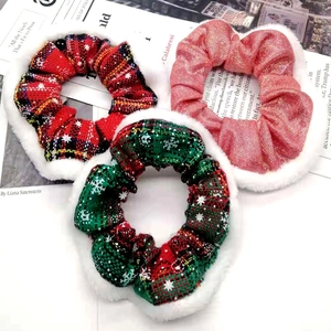 Christmas hair scrunchies set in festive red and green plaid with white plush trim