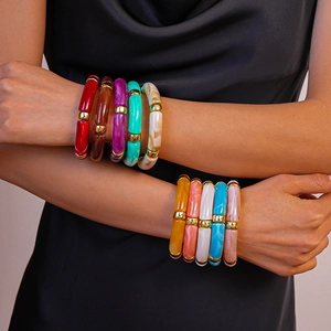 Bracelet Jonc En Résine Acrylique Avec Entretoises En Alliage Doré Élastique Géométrique Texture Marbre Bijoux Pour Femmes