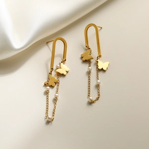 Elegant gold titanium steel butterfly earrings with long tassels and pearls on silk