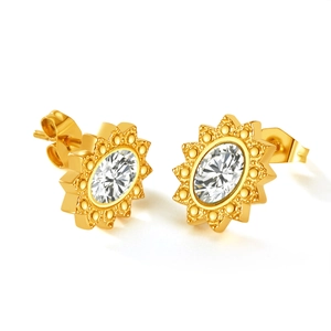 Elegant gold plated stainless steel stud earrings with round cubic zirconia crystals