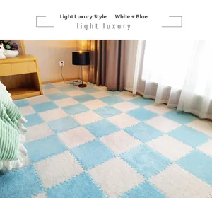 Detail of blue and white plush interlocking foam carpet tiles in a bedroom setting