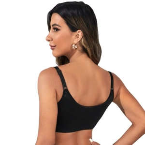 Seamless black sports bra with U-shaped back and thin straps on a model back view