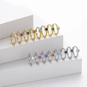 Elegant S925 sterling silver hoop earrings with eight colorful zircon stones