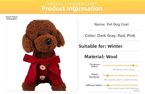Detail view of red winter pet coat with bow button decoration and thick fabric texture