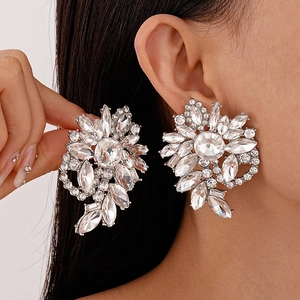 Geometric Flower Rhinestone Stud Earrings With Silver Earring Post Exaggerated Luxury Elegant Jewelry For Women