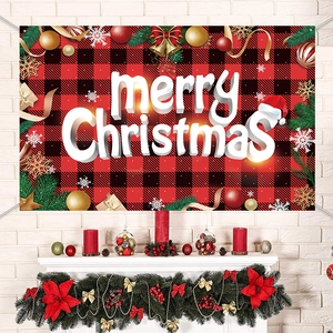 Merry Christmas door curtain backdrop with red plaid pattern and festive decorations